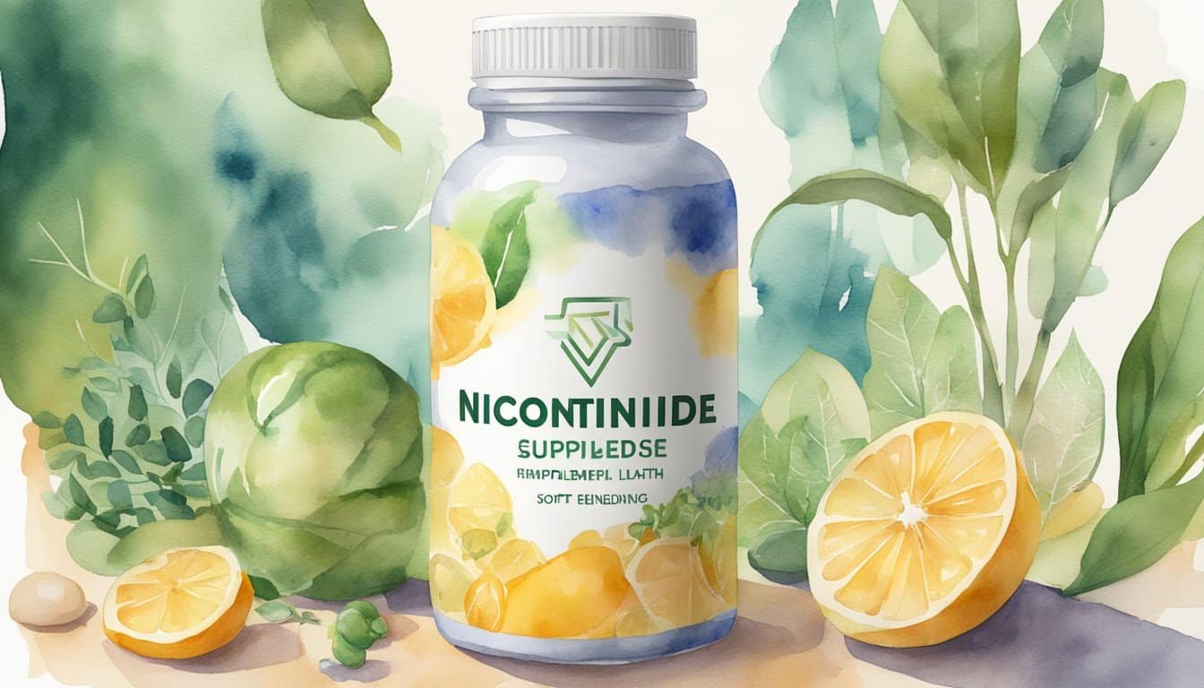 A bottle of nicotinamide riboside supplement sits on a table, surrounded by images of healthy cells and energetic individuals.</p><p>The label highlights its potential health benefits