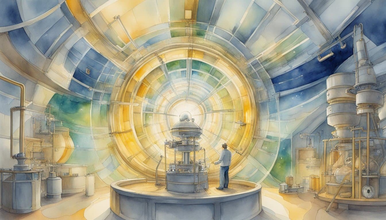 Bright, swirling energy in a contained chamber, with beams of light converging at the center.</p><p>Scientific instruments and monitors surround the apparatus