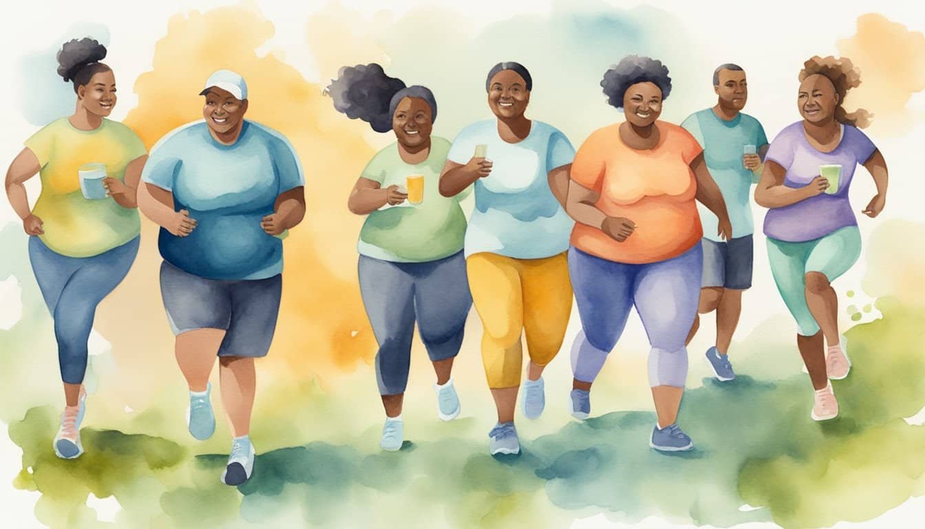 A group of diverse individuals engage in physical activity and healthy eating habits to combat obesity epidemic