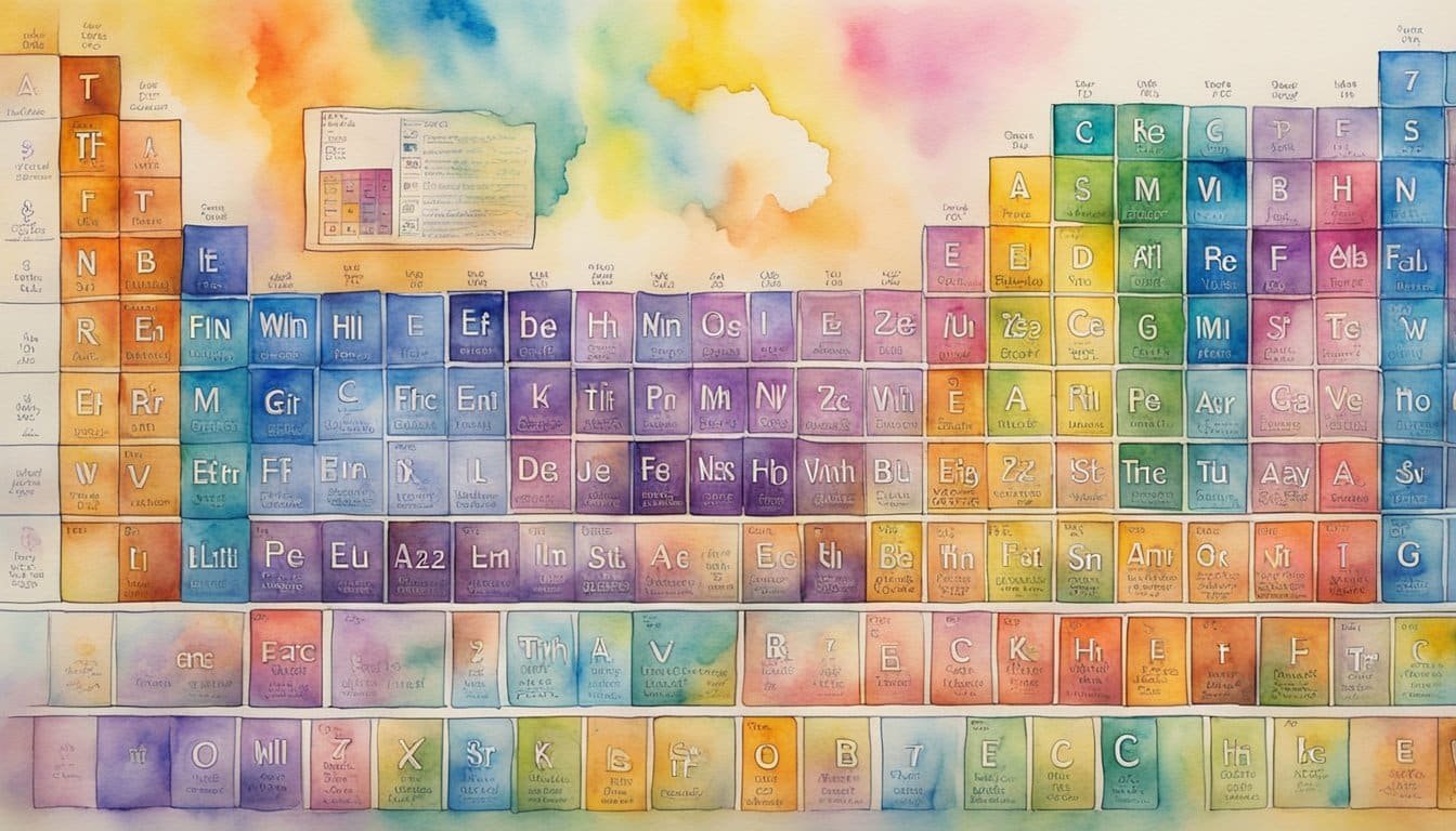 The periodic table elements manifest as vibrant, swirling energies, each with unique colors and patterns, representing their elemental characteristics