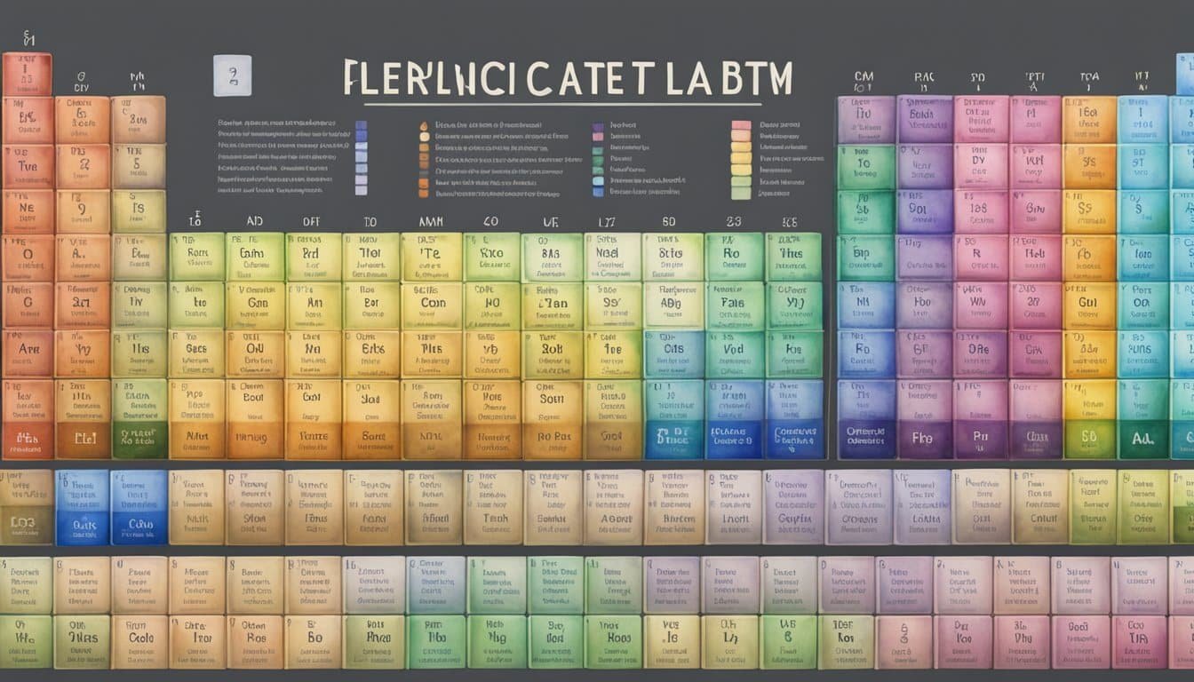 A periodic table with distinct element groups arranged in rows and columns