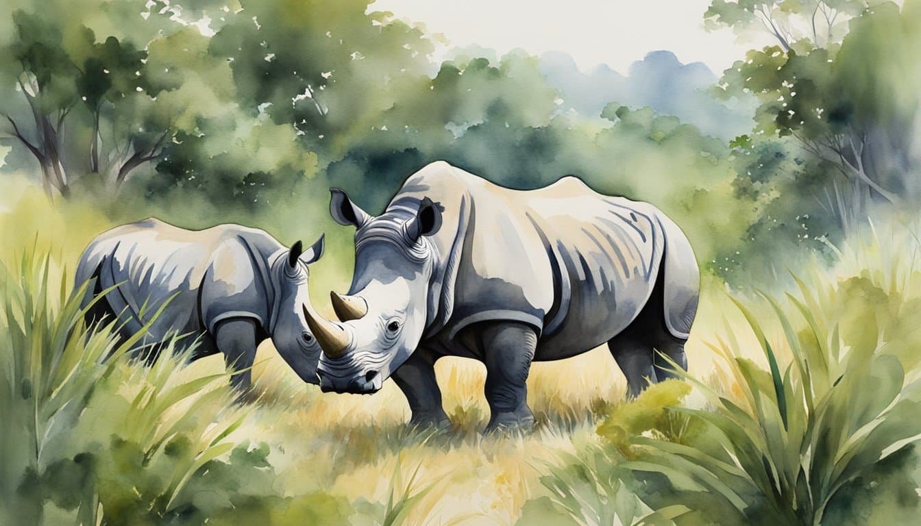 Rhinos roam freely in their natural habitat, surrounded by lush greenery and tall grass.</p><p>Conservation efforts are evident, with rangers patrolling the area to protect them from poaching