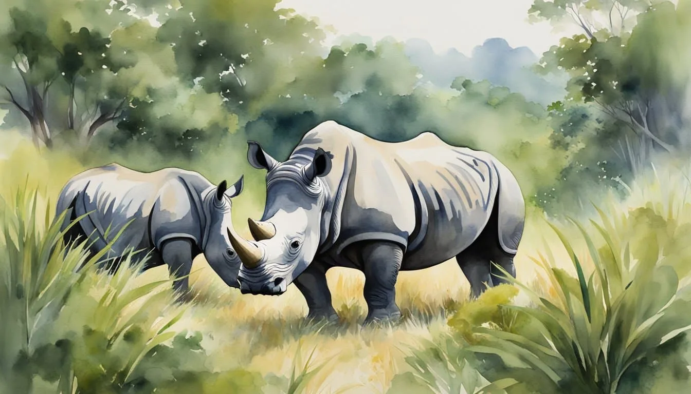Rhinos roam freely in their natural habitat, surrounded by lush greenery and tall grass. Conservation efforts are evident, with rangers patrolling the area to protect them from poaching