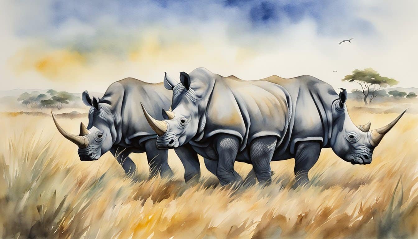 Rhinos hunted for their horns in a grassy savanna.</p><p>Poachers lurk in the shadows, while demand for rhino horn drives the illegal trade