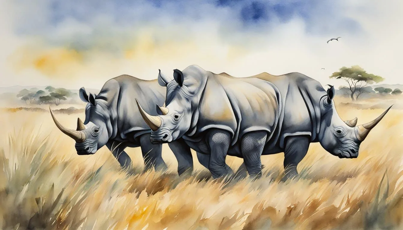 Rhinos hunted for their horns in a grassy savanna. Poachers lurk in the shadows, while demand for rhino horn drives the illegal trade