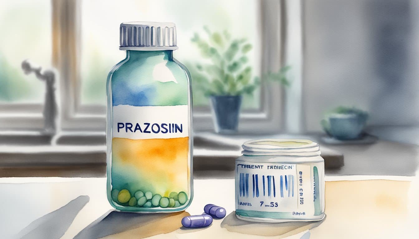 A pill bottle of prazosin on a clean, white countertop with a prescription label and the word "PTSD Treatment" clearly visible