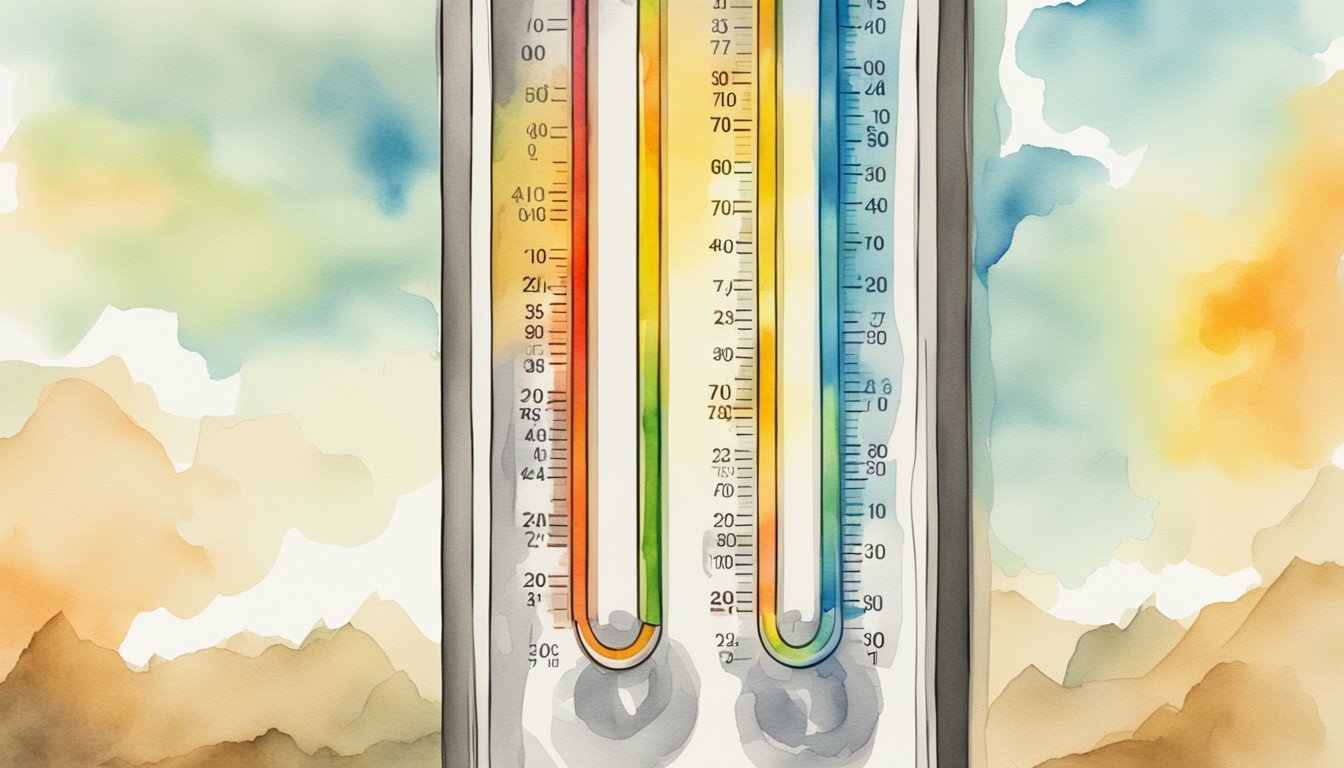 A thermometer reaching record high temperatures, with climate change data in the background