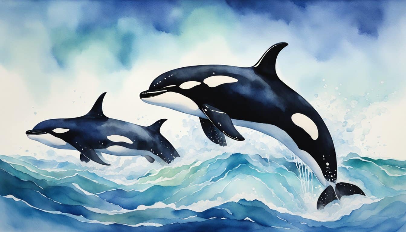 Several orcas swimming and playing in a large, clear blue ocean with waves breaking in the background