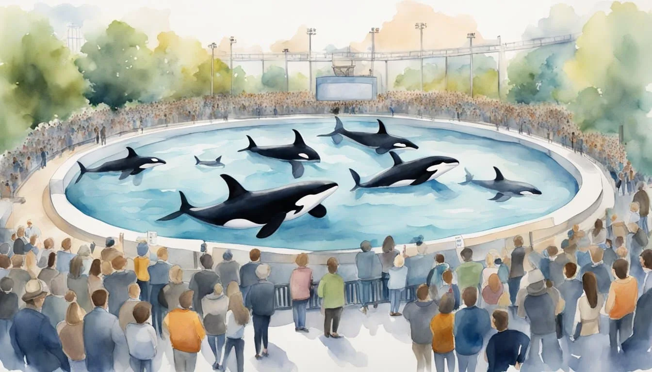 Orcas swimming in a large tank, surrounded by spectators. Protest signs and media cameras outside the park