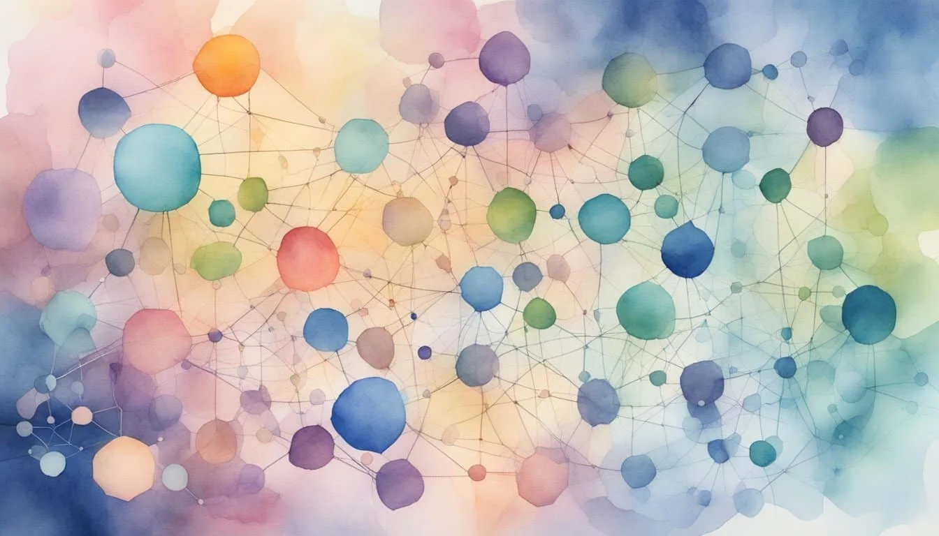 Social media algorithm shapes content and interaction, with data flowing through a network of interconnected nodes