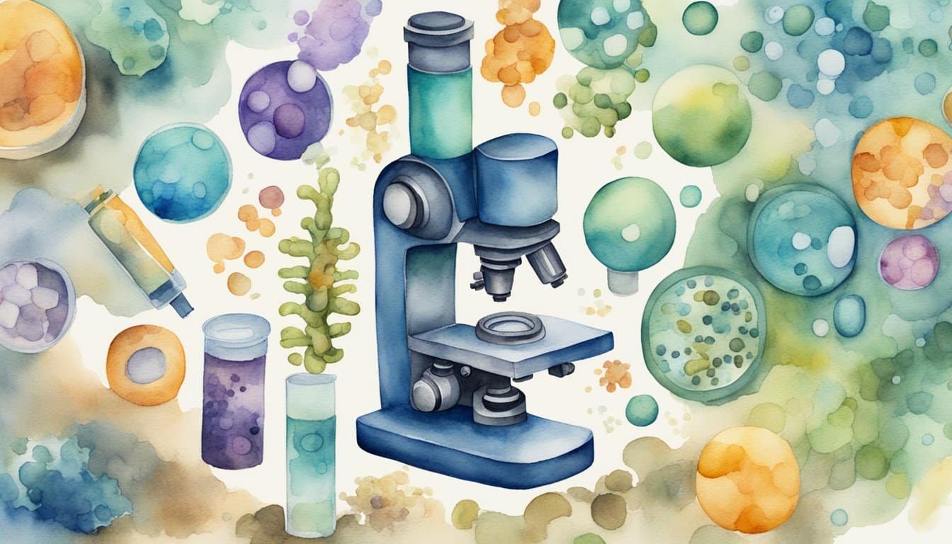 A microscope revealing the structure of a powerful antibiotic, surrounded by various types of bacteria