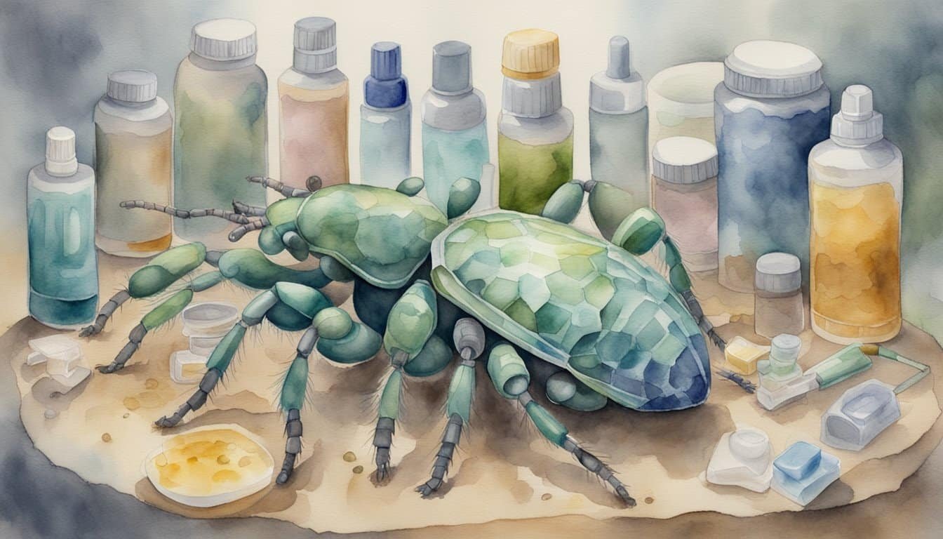 A group of lice with enlarged bodies and resistant exoskeletons, surrounded by various treatment products and tools