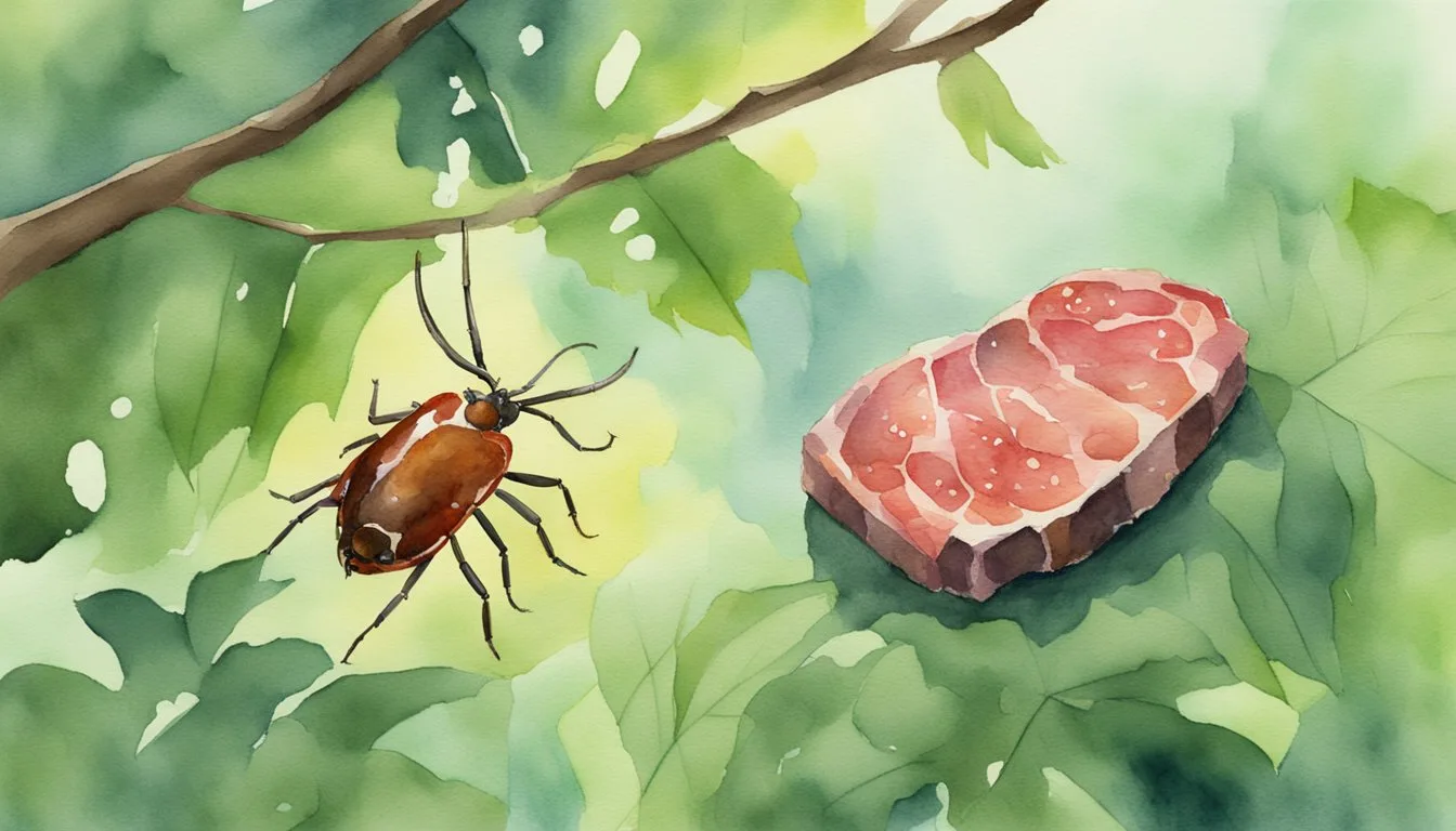 A lone tick crawls on a leafy branch, while a juicy steak sits nearby, emitting a red glow