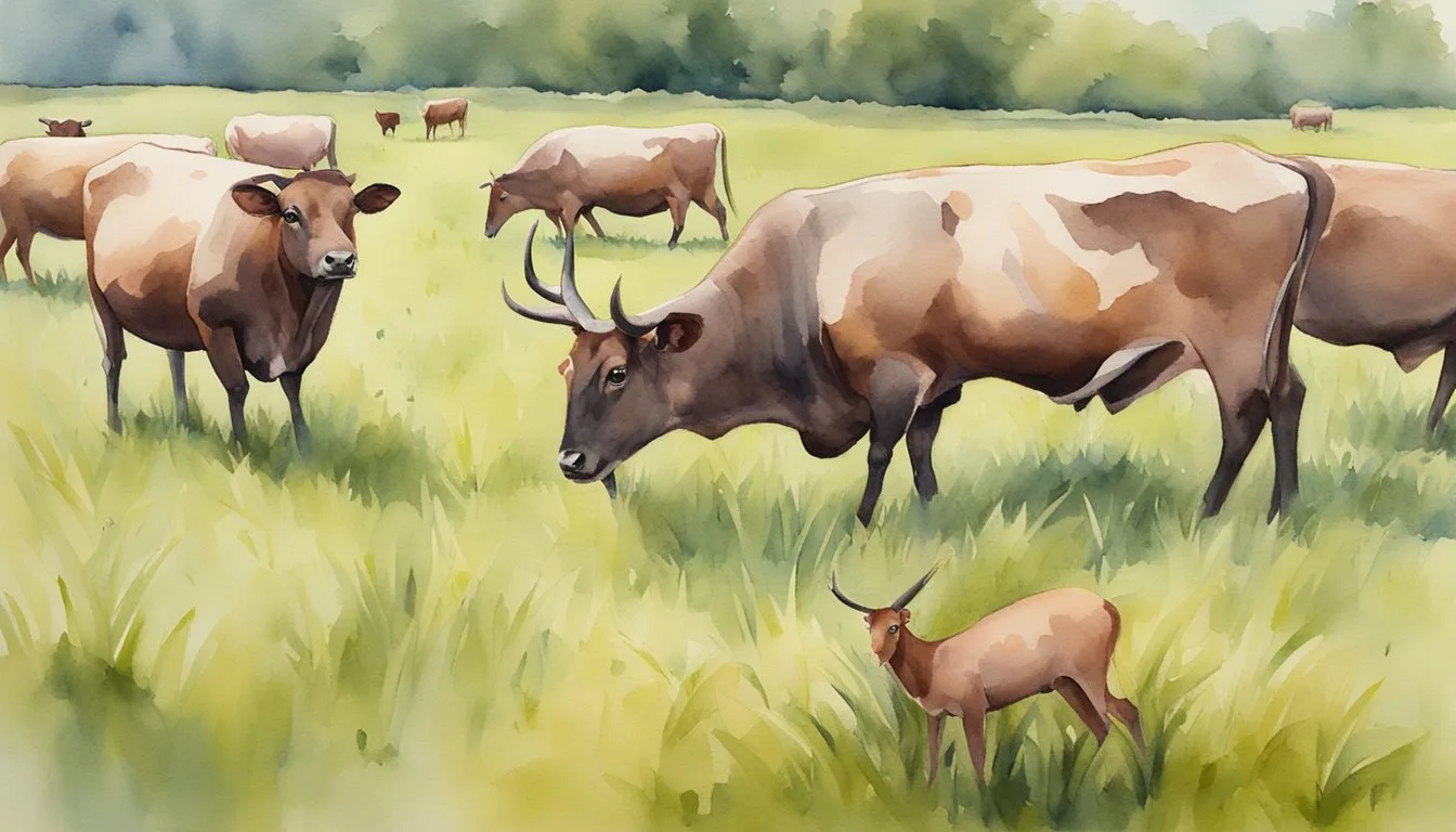 Ticks infesting livestock and wildlife in grassy areas with red meat as a common food source