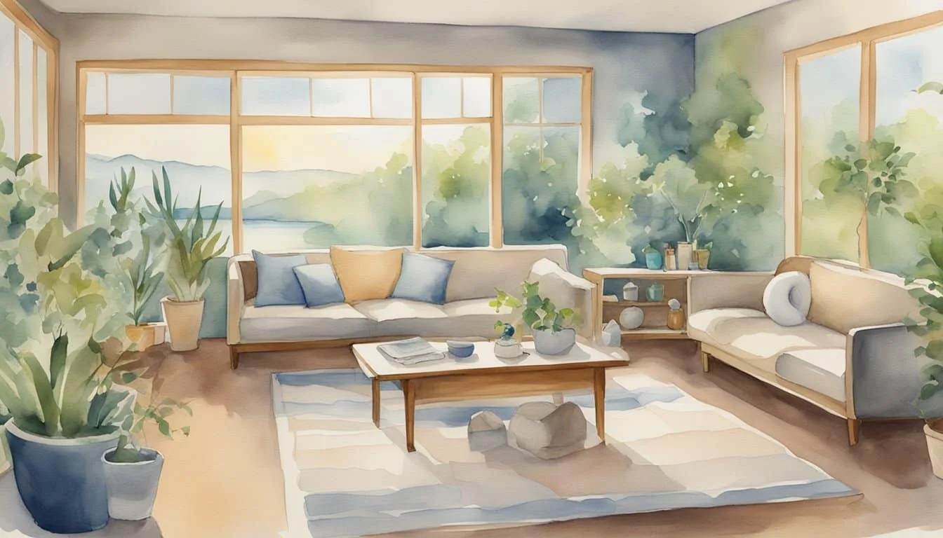 A calm, serene setting with various sound therapy devices and relaxation techniques displayed for tinnitus treatment options