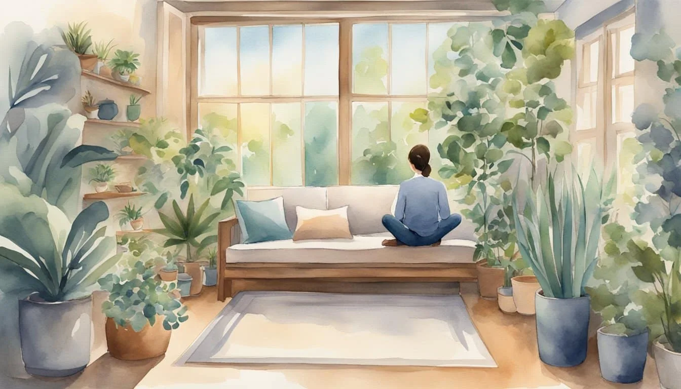 A person sitting in a quiet room, surrounded by calming elements like soft lighting, plants, and soothing music. They are engaged in relaxation techniques or using tinnitus treatments such as sound therapy or meditation