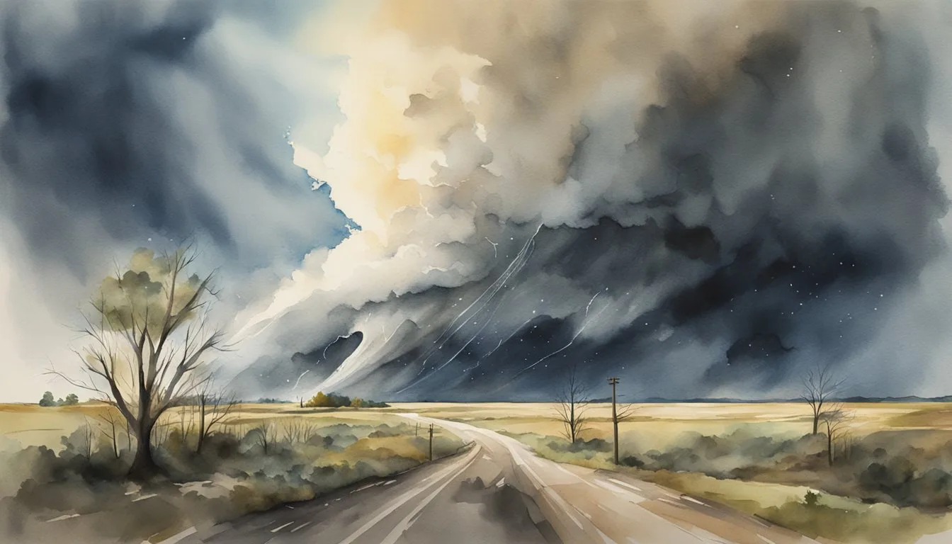 A tornado forms in the distance, swirling dark clouds and debris. The tornado tracks across a map of tornado alley, leaving destruction in its wake