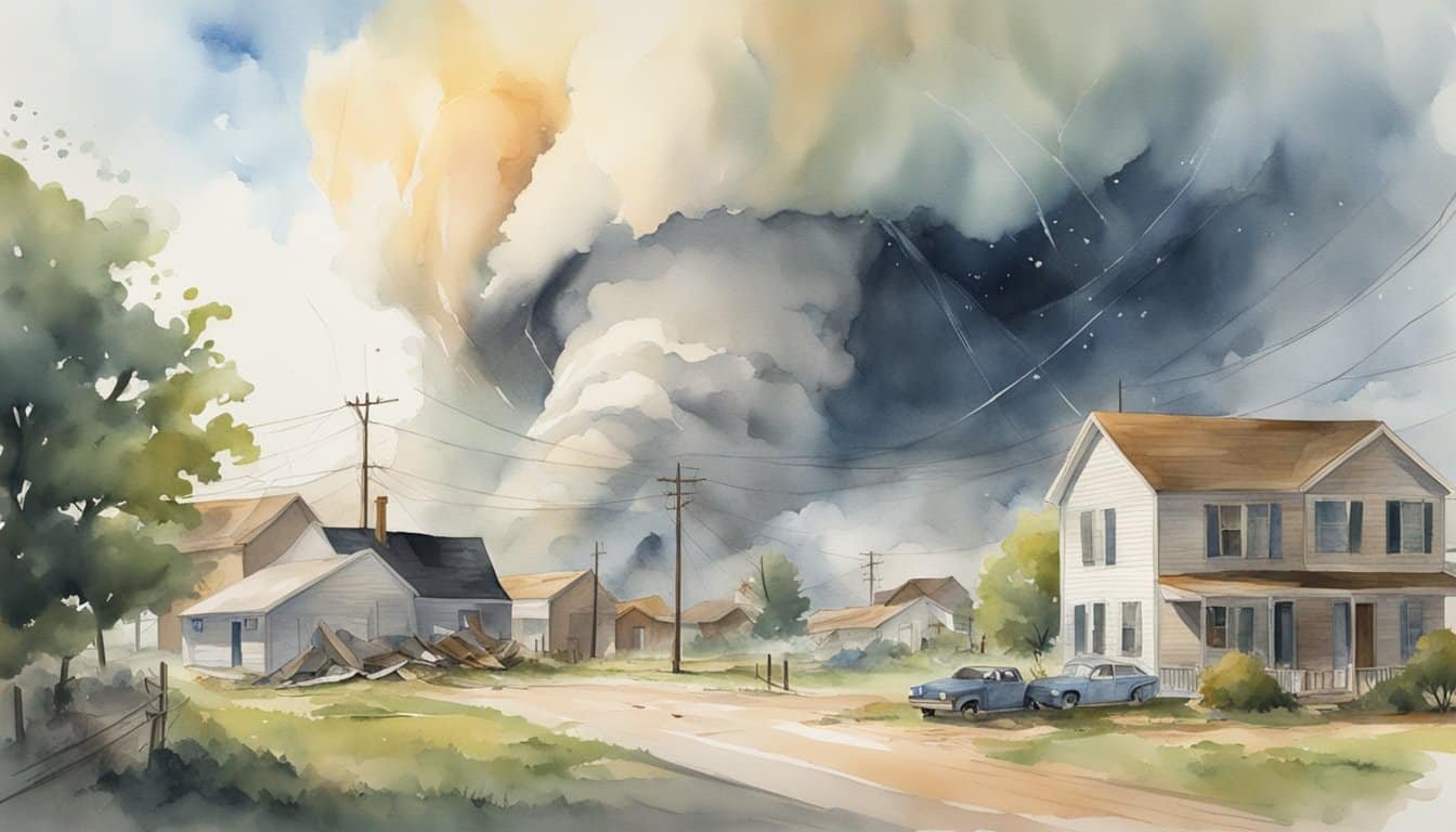 A tornado rips through a rural town, destroying buildings and tossing debris.</p><p>People take shelter in designated safe zones marked on a tornado alley map