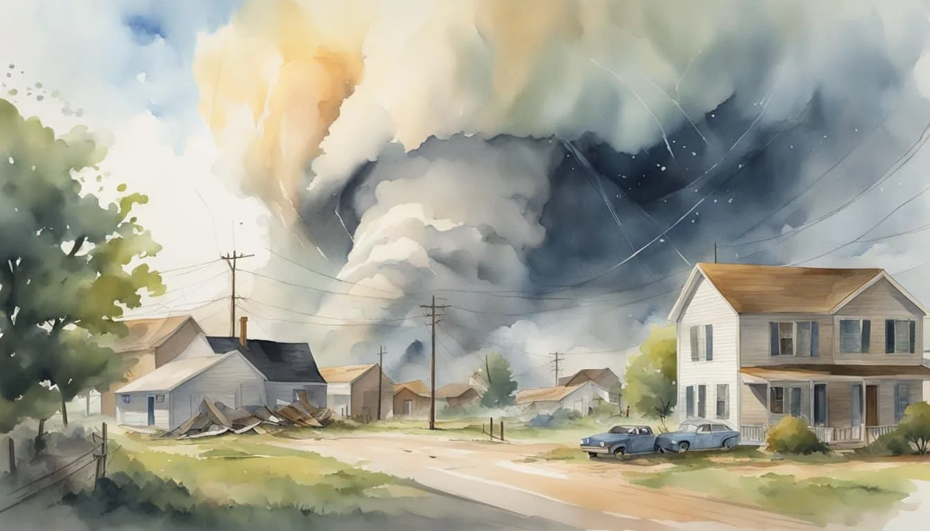 A tornado rips through a rural town, destroying buildings and tossing debris. People take shelter in designated safe zones marked on a tornado alley map