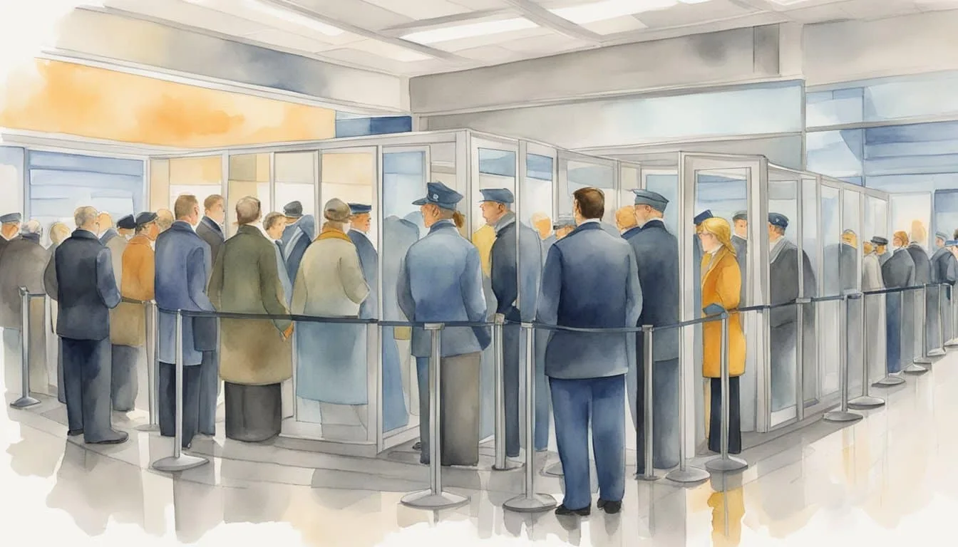 Passengers stand in line, waiting to enter full-body scanners. Security personnel monitor the process, ensuring privacy and health concerns are addressed