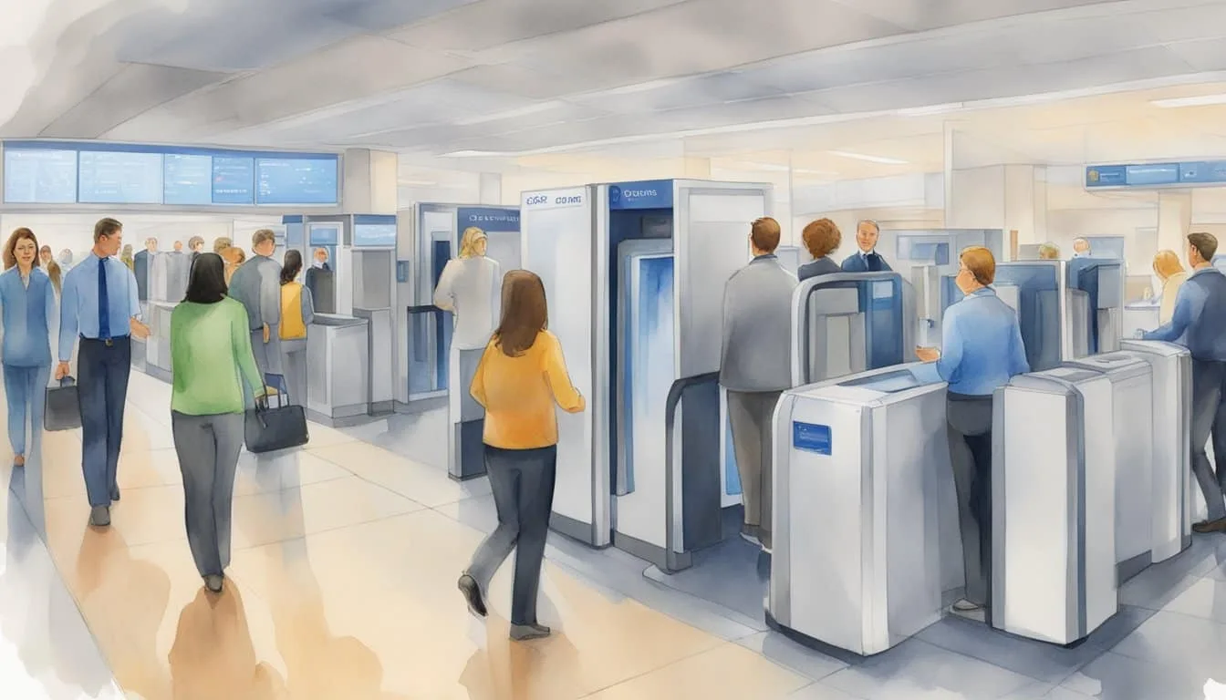 Passengers walk through TSA full-body scanners, while staff oversee procedures. Options include standing or raising arms for a complete scan