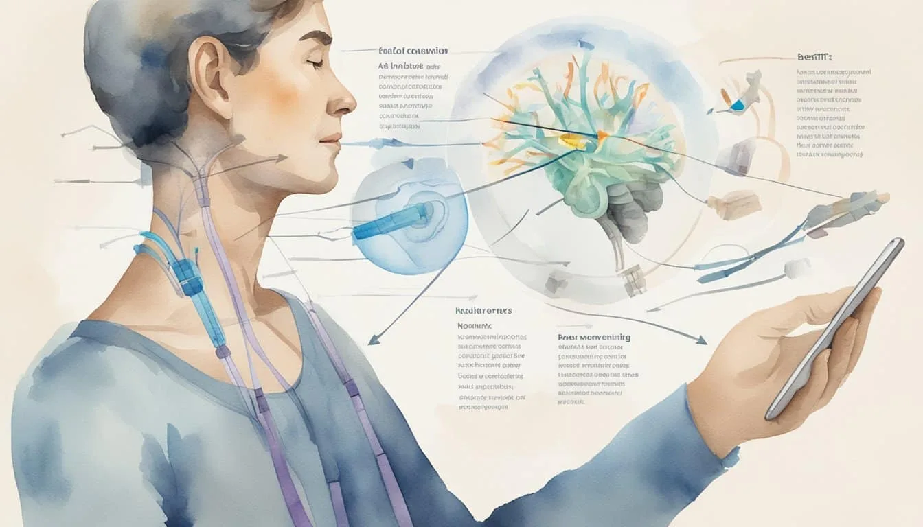 A person holding a device near the neck, with arrows pointing to the vagus nerve. A chart showing benefits and risks. Text mentioning considerations