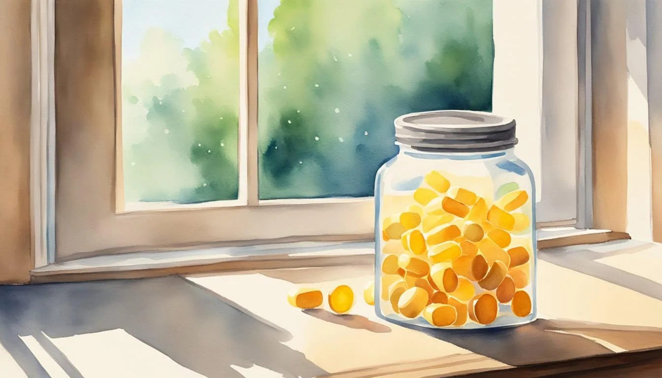 A bottle of vitamin D supplements sits on a table next to a bright, sunny window. Rays of sunlight stream in, illuminating the room