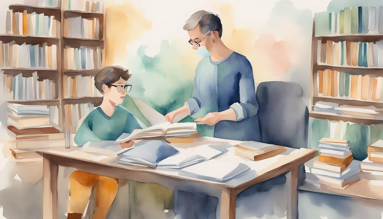 A person speaking with a speech therapist, surrounded by books and research materials on stuttering causes and management