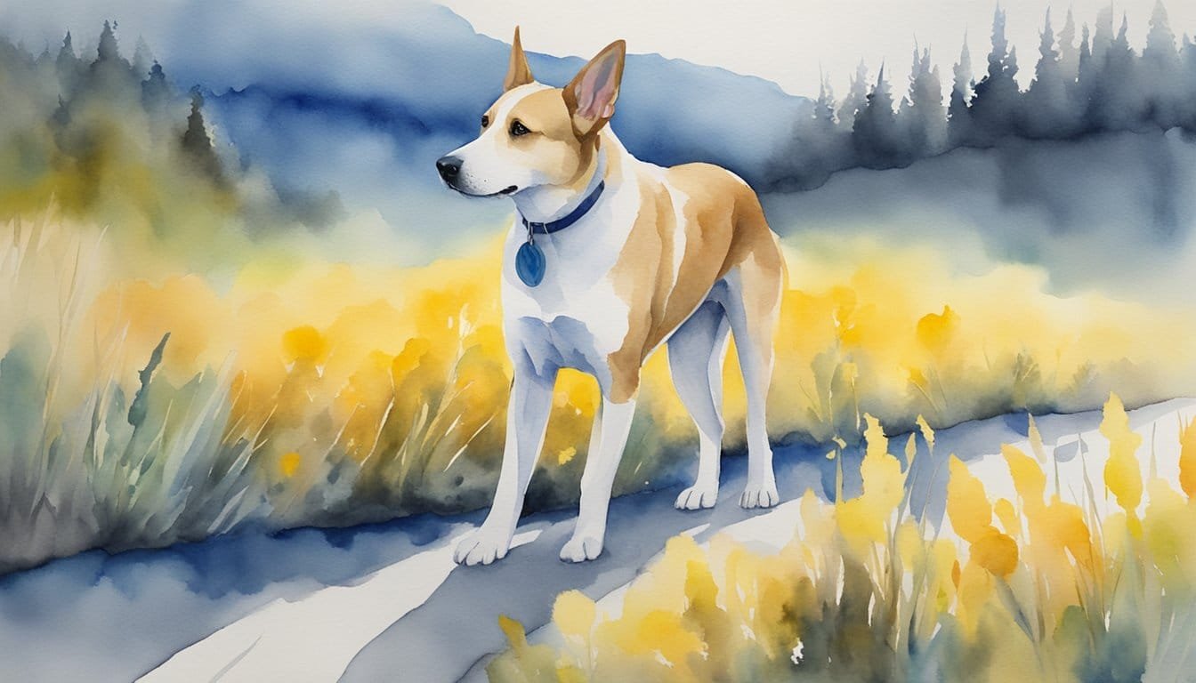 A dog looking at a colorful scene with various shades of blue, yellow, and gray, with an emphasis on the blue and yellow hues