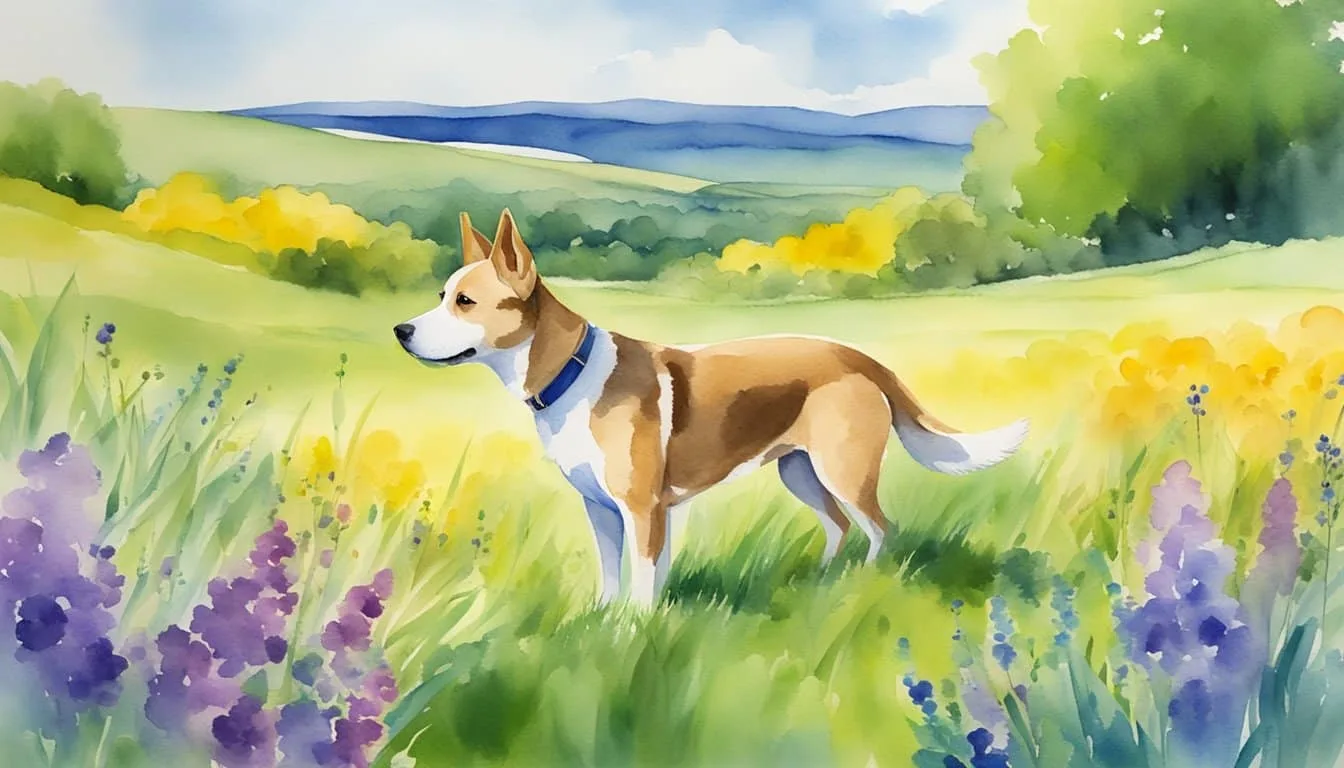 A dog looking at a colorful landscape with vibrant green grass, a bright blue sky, and various shades of yellow, blue, and violet flowers