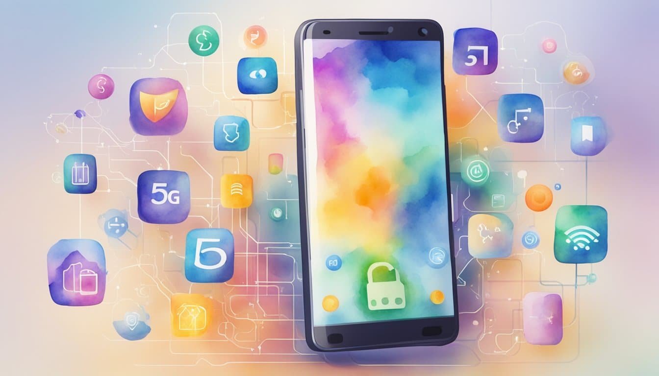 A smartphone with 5G icon displayed on the screen, surrounded by various connected devices and applications