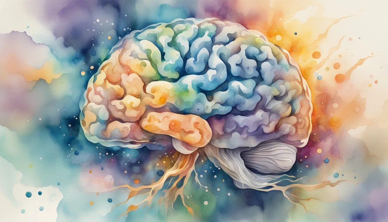 The brain releases neurotransmitters and hormones during dying, depicted through swirling, glowing particles emanating from a central point