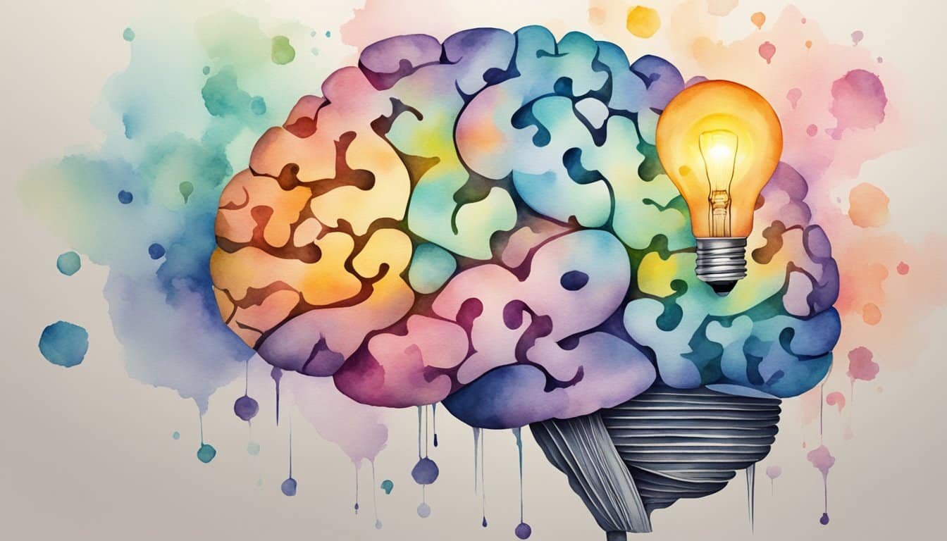 A brain surrounded by question marks, with a lightbulb above it