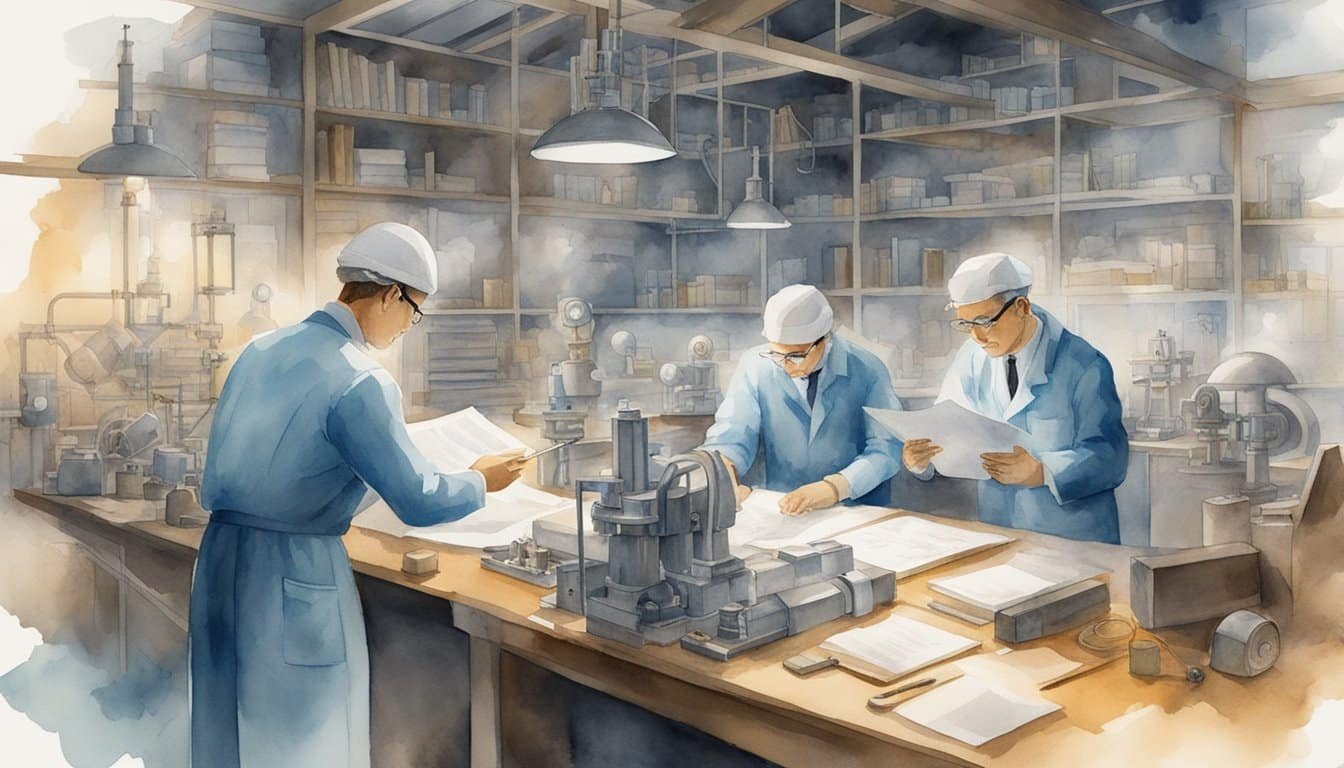 Scientists and engineers working in a secret laboratory, surrounded by equipment and documents, collaborating on the development of the atomic bomb