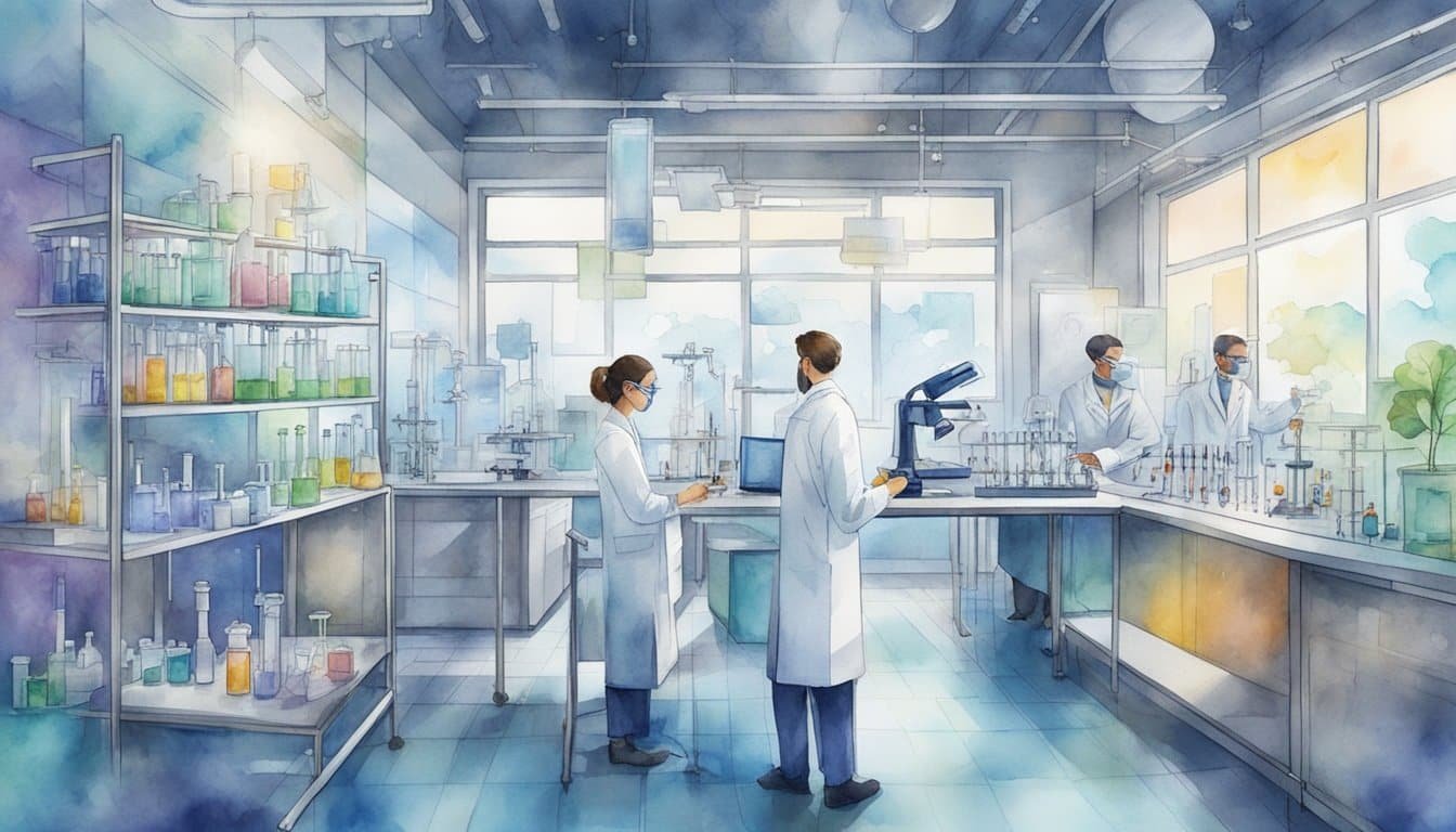 Scientists in lab coats work with test tubes and equipment in a high-tech laboratory, surrounded by charts and diagrams