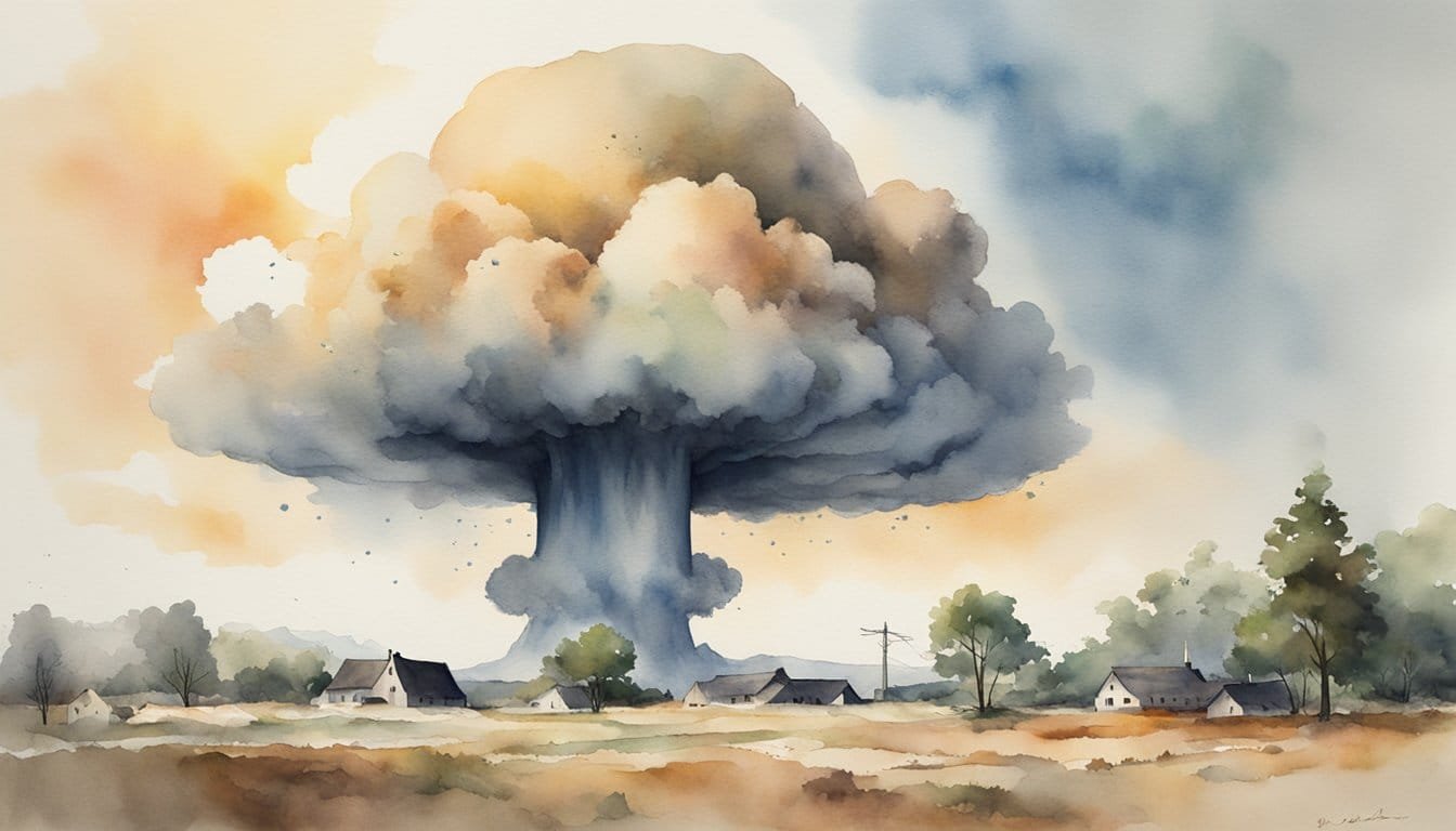 A mushroom cloud rises over a desolate landscape, with buildings and trees flattened in the aftermath