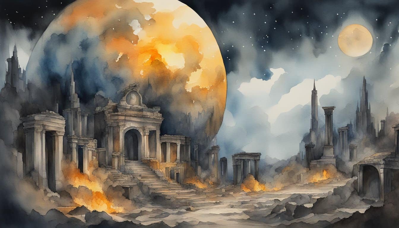 The earth lies in ruins, engulfed in flames and darkness.</p><p>The sky is filled with ominous signs and symbols, foretelling the imminent end of the world