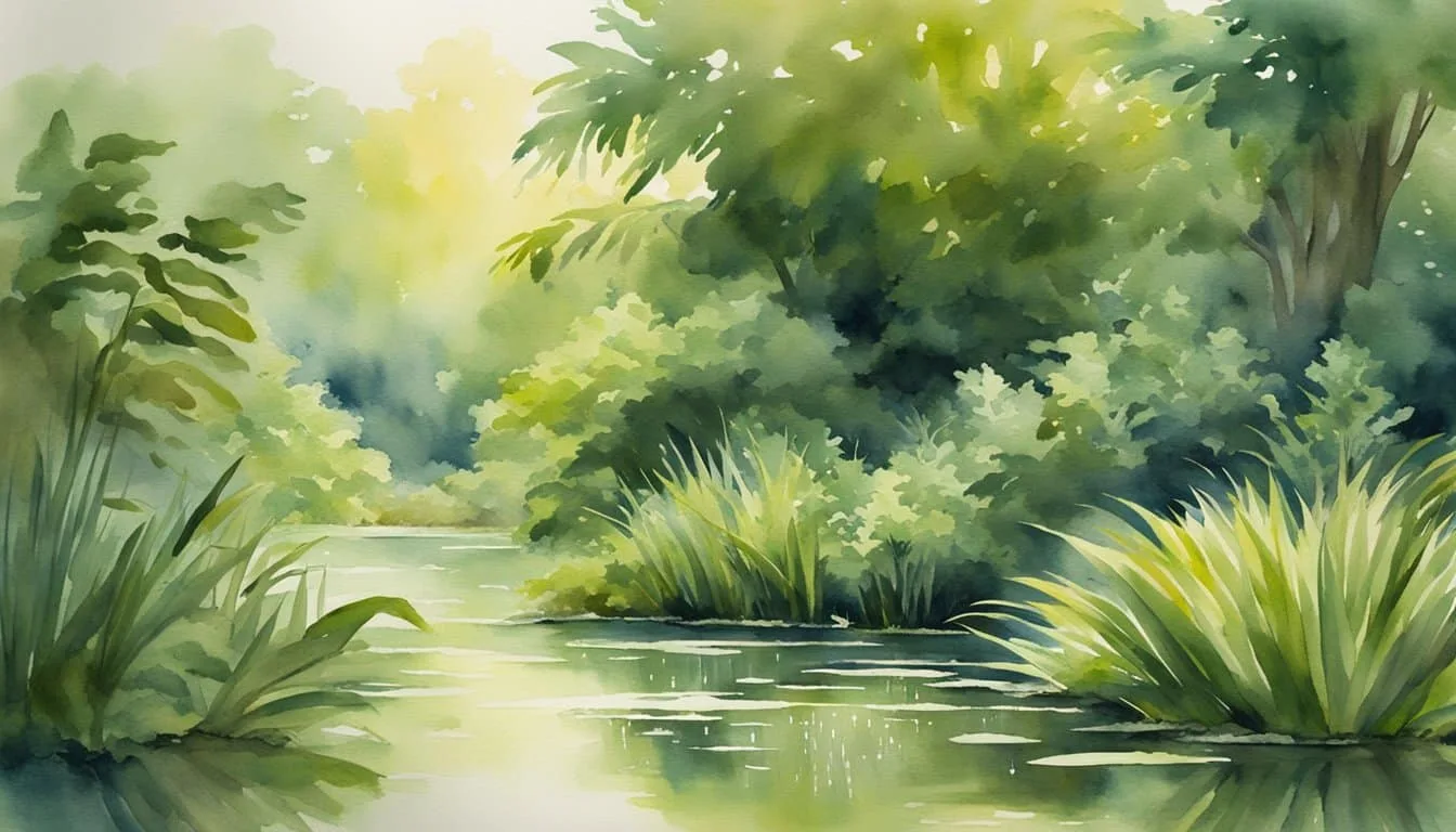 Lush vegetation surrounds stagnant water, with warm temperatures and high humidity. Ideal conditions for mosquito breeding