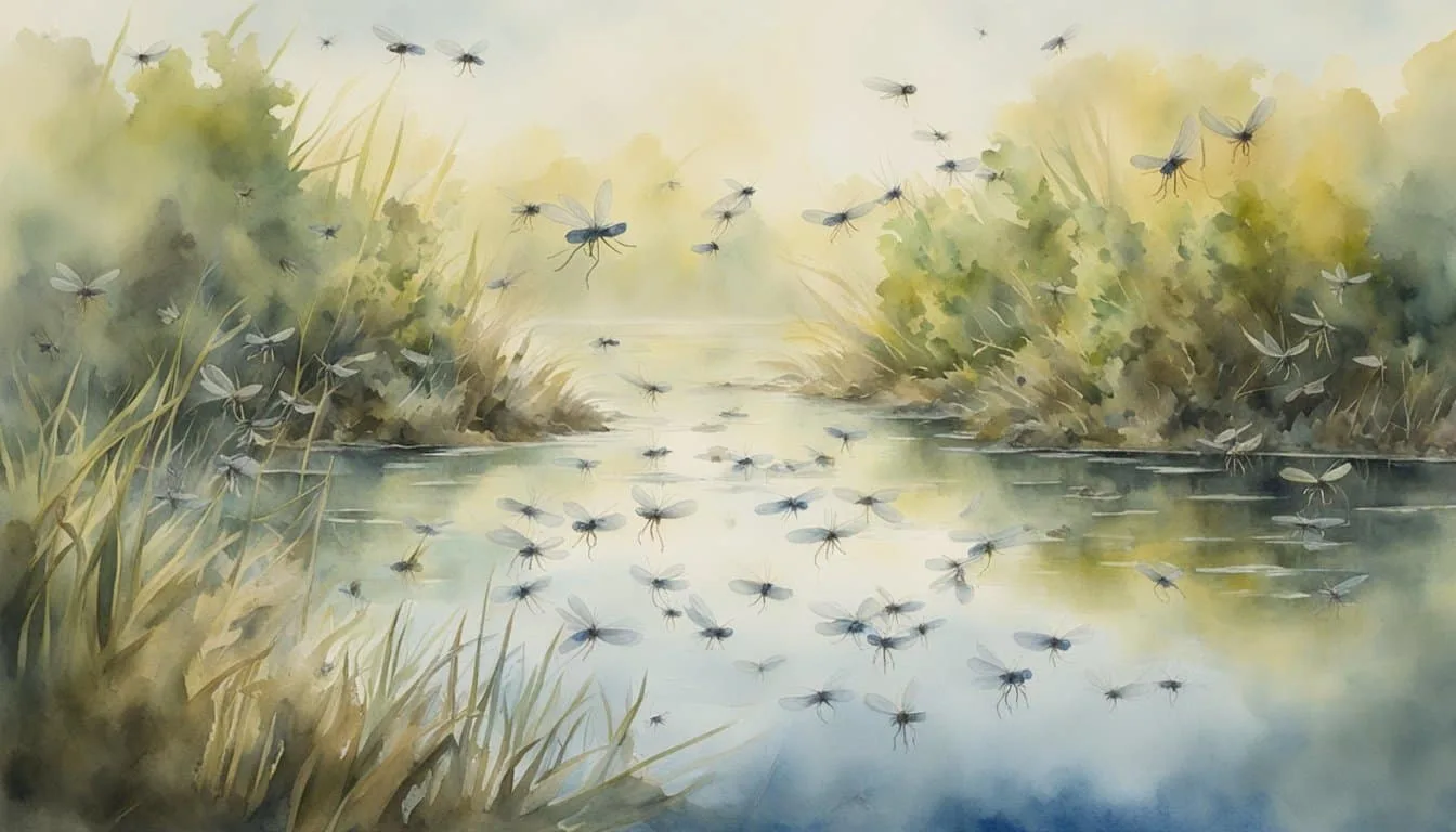 A swarm of mosquitoes hovers over stagnant water, breeding ground for disease