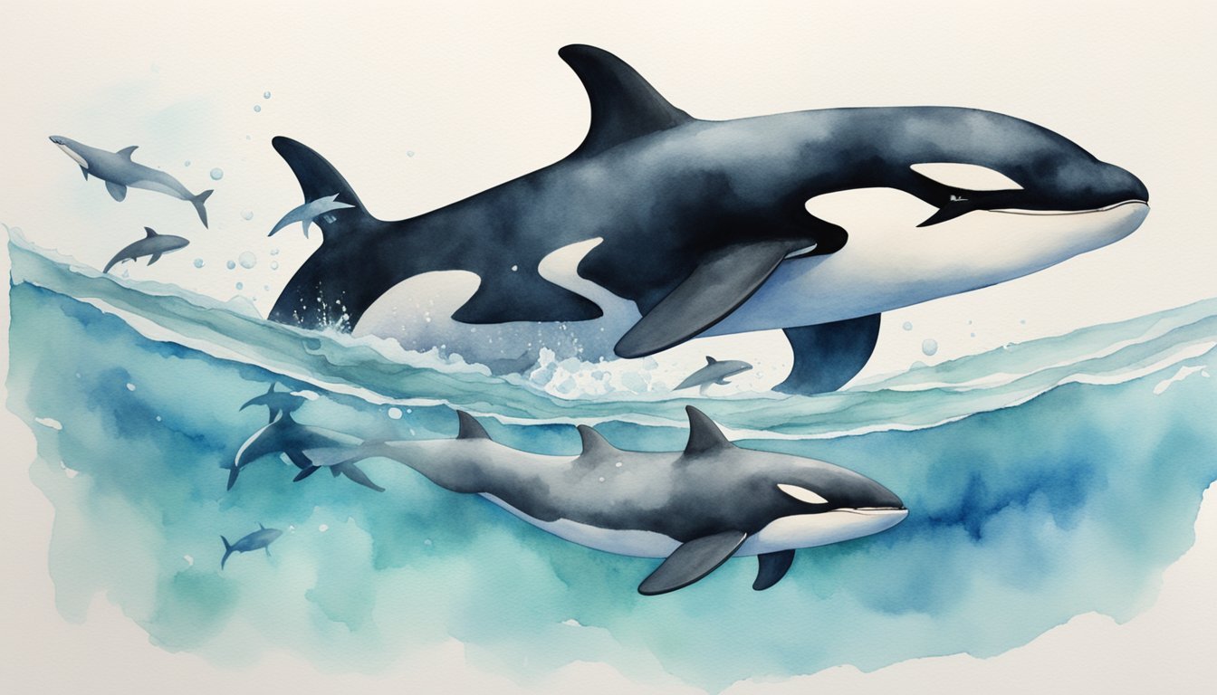 Orcas consume shark liver, impacting marine ecology.</p><p>Illustrate orcas hunting and consuming shark liver in the ocean