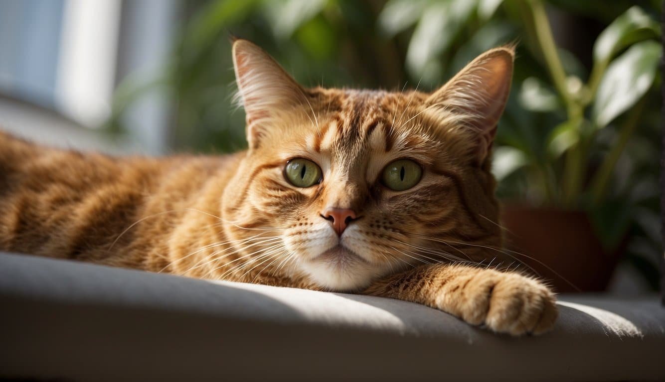 A sleek, tawny domestic cat lounges on a sun-dappled windowsill, its green eyes half-lidded in contentment as it lazily stretches out its long, graceful body