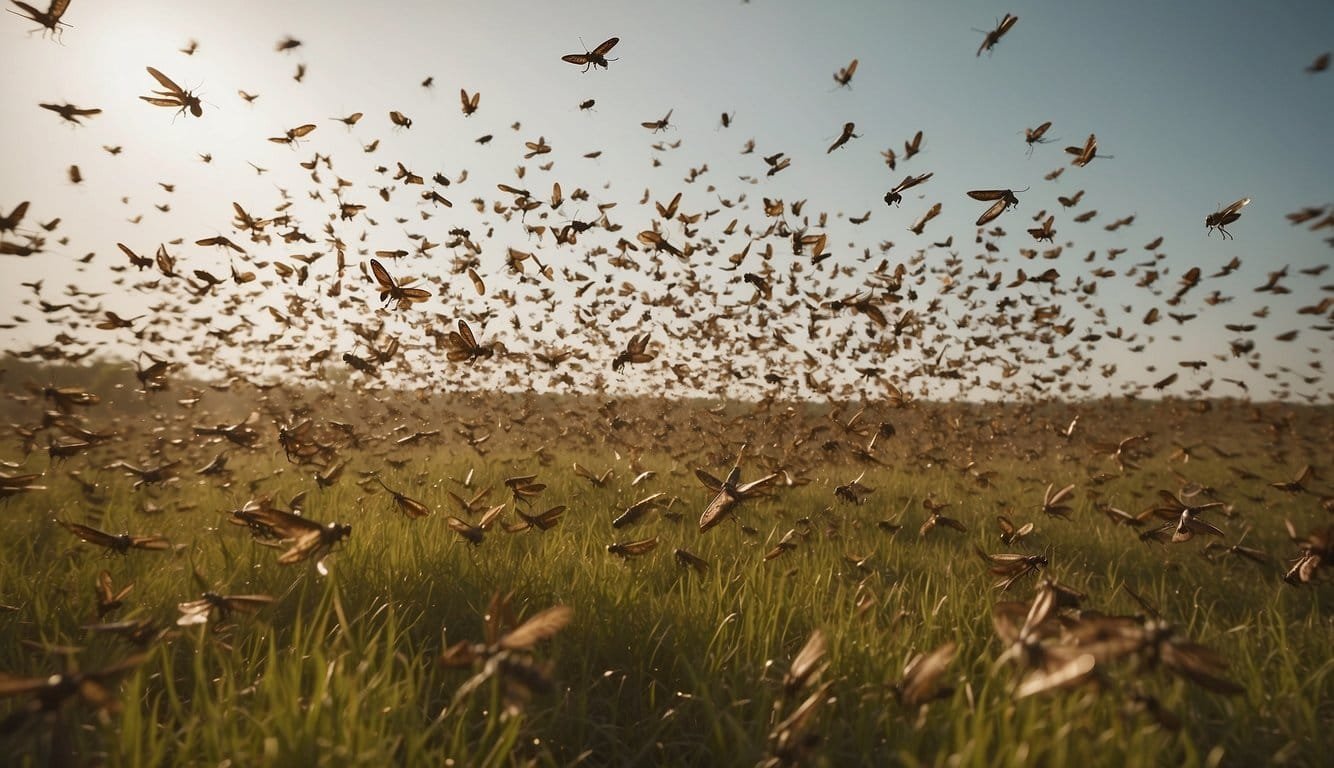 A massive swarm of locusts descends upon a field, devouring everything in their path with relentless energy.</p><p>The air is filled with the deafening sound of their buzzing wings as they move in a synchronized and chaotic dance