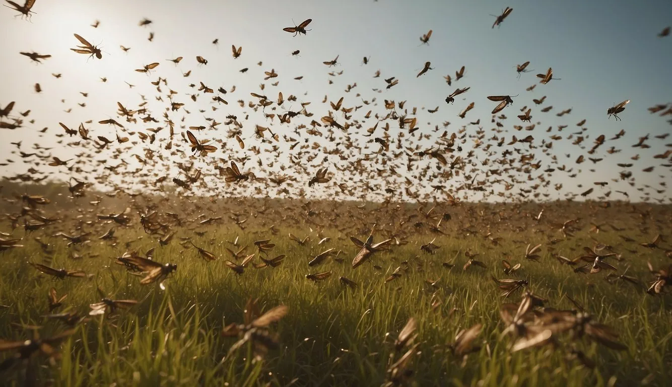 A massive swarm of locusts descends upon a field, devouring everything in their path with relentless energy. The air is filled with the deafening sound of their buzzing wings as they move in a synchronized and chaotic dance