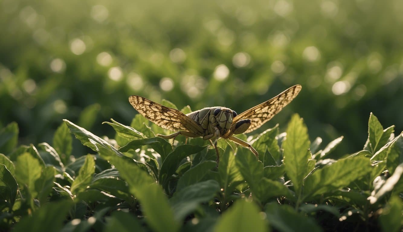 A swarm of locusts descends upon a field, devouring every green leaf in sight