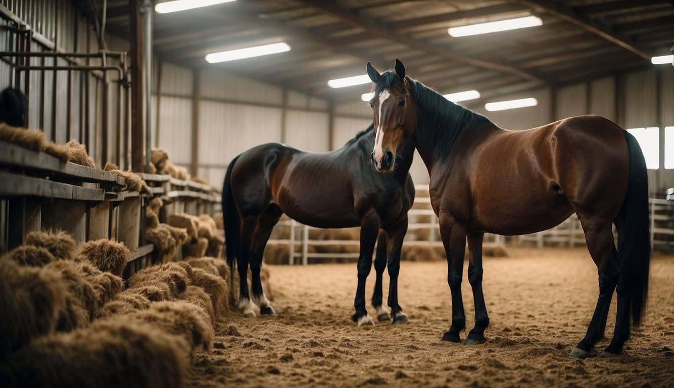 Horses being groomed, fed, and exercised in a clean and organized stable environment