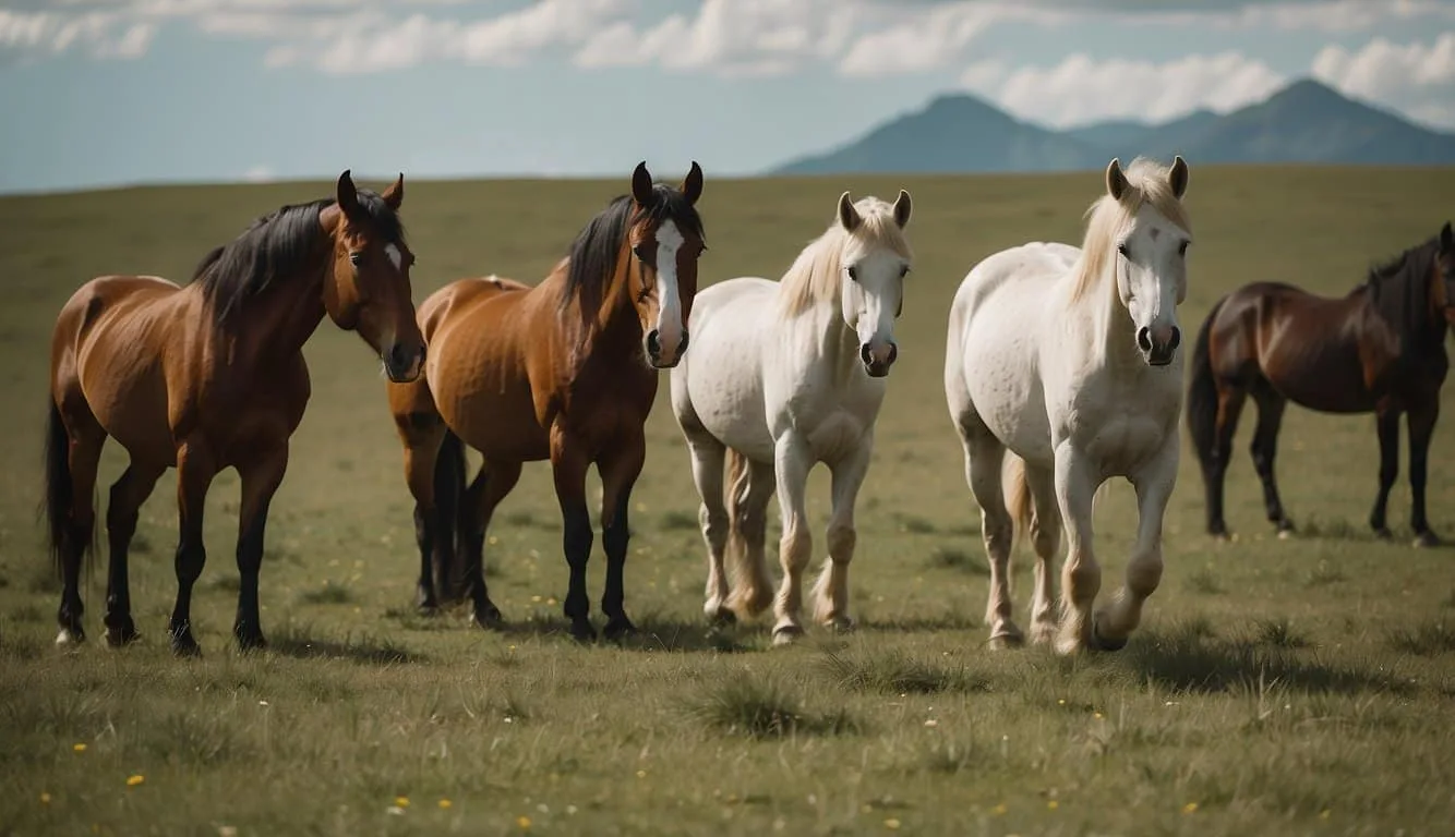 Horses grazing in a vast open field, surrounded by traditional horse culture artifacts and symbols of their historical significance