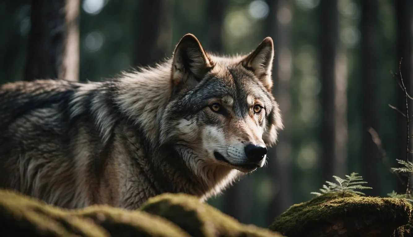 A wolf prowls through a dense forest, its keen eyes scanning for prey. Its powerful muscles ripple beneath its thick fur as it moves with silent grace