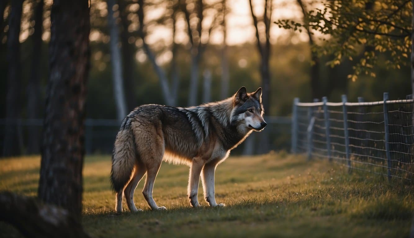 A wolf standing near a fence, observing a group of humans from a distance