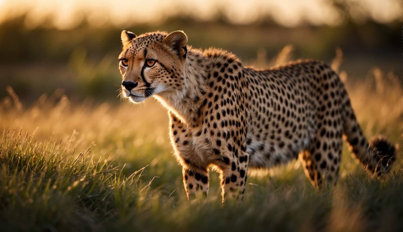 A cheetah crouches in the grass, its sleek body poised for a sprint.</p><p>The sun casts a golden glow on its spotted fur, as it scans the horizon with intense amber eyes