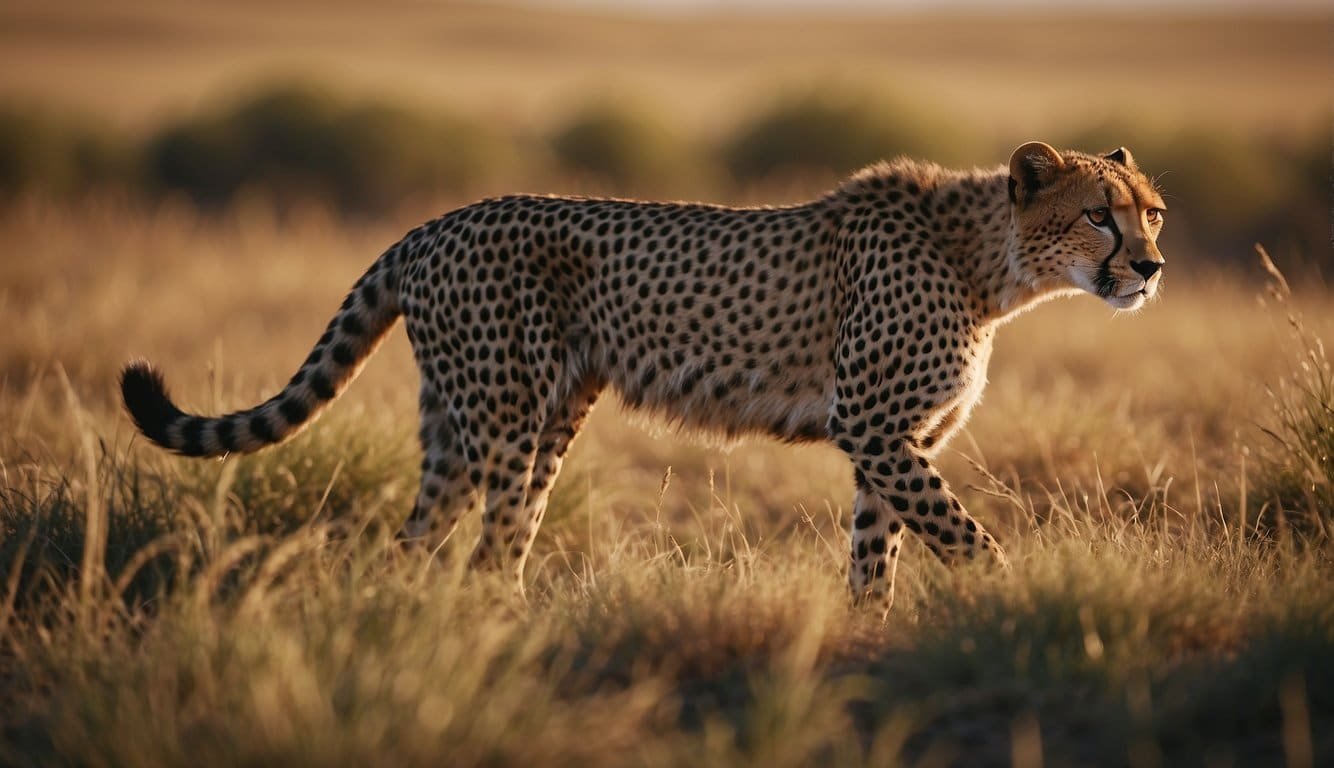 A cheetah hunts in the grasslands, avoiding human settlements and facing threats from habitat loss and poaching